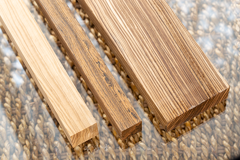 left to right olivewood bocote zebrawood